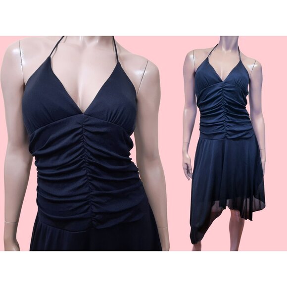 90s Y2K Black Mesh Dress Ruched Asymmetric Halter Party Cocktail size M - Picture 2 of 6